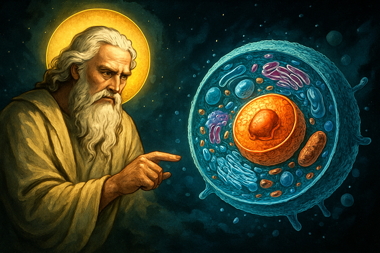 Illustrazione concettuale Dio e la cellula